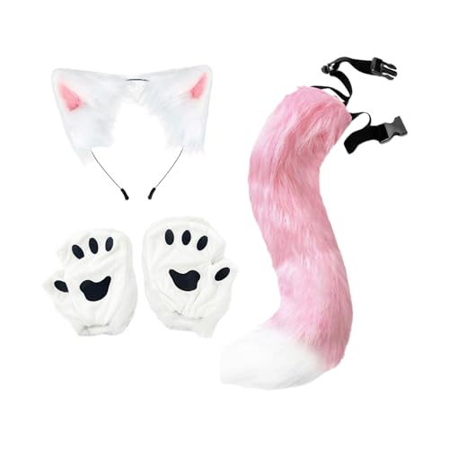 Oreilles et queue de renard rose en fausse fourrure douce