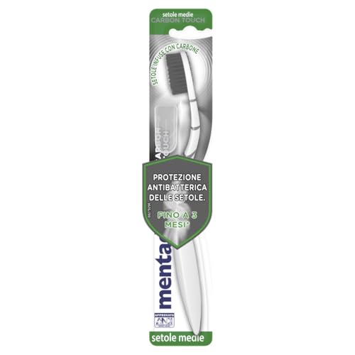 Mentadent Spazzolino P Antibatterico Carbone, Spazzolino Medio, con Setole Infuse di Ioni d'Argento e Carbone, Protezione Antibatterica delle Setole, Manico Tripla Angolazione