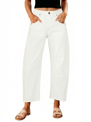 GRAPENT Womens Wide Leg Jeans Woman Jeans Baggy Pants for Women Stretch High Waist Womens Clothing Barrel Denim Jean Trousers for Women Color Cream White Large Size 12 Size 14