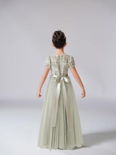 dideyttawl Flower Girls Dress 3D Embroidery Lace Appliqued Puff Tulle Satin Bow High-Waisted Maxi Dress 754T2