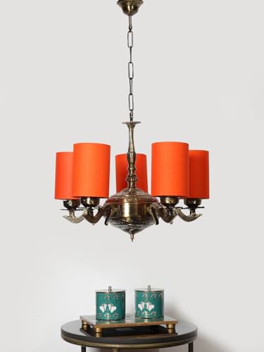 Image of Devansh 05 Lights Orange Round Cotton Shade with Antique Golden Chandelier