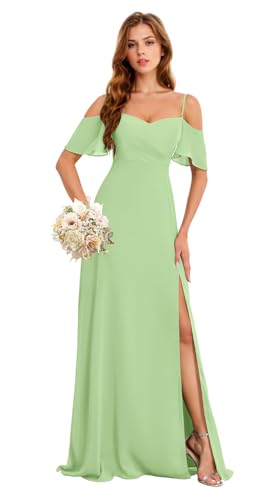 Image of Plus Size Wedding Guest Dresses Off Shoulder Chiffon Bridesmaid Dresses for Women US26W Sage Green