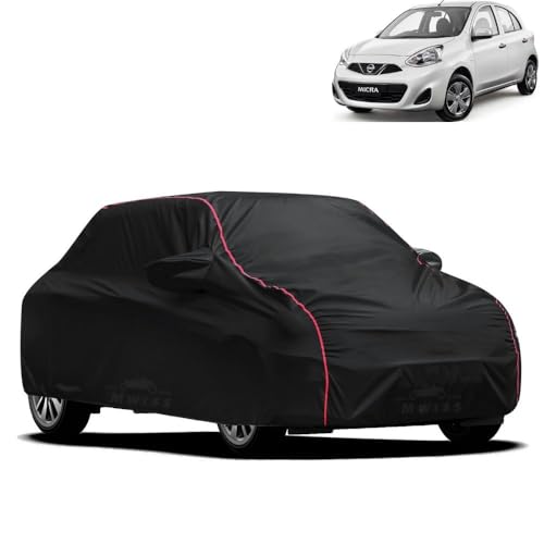 Image of Waterproof Car Cover for Nissan Micra | All-Weather Protection, Dustproof & UV Resistant | Triple Stitched Mirror Pockets, Windproof Buckle Strap with Elastic Hem, Black-Red Piping