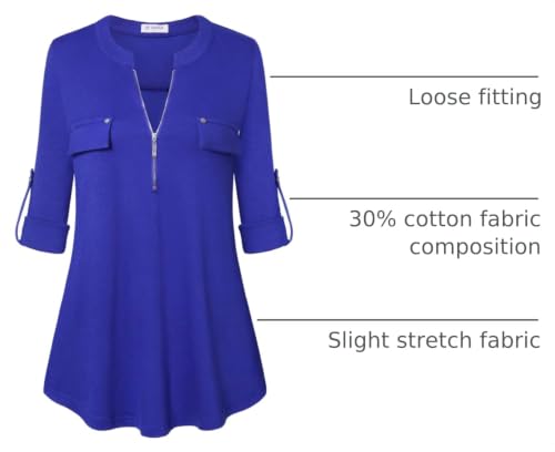 Image of Bulotus 3 /4 Length Sleeve Womens Striped Tops Zipper V Neck Collared Blouses Business Casual Tunics 2026 Spring Trendy