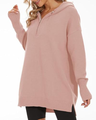 Image of Women's Hooded Sweater Loose Half Zip Drawstring Pullover Sweatshirt Top Casual Long Sleeve Side Slit Knit Hoodie