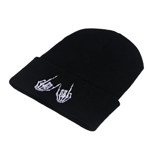 Image of Embroidered Skeleton Beanie Hat Winter Stretch Knit Skull Cap for Men Women