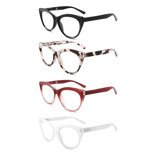 Image of reading glasses, adjustable in strength from 0.0 to 4.0, blue light-blocking lenses, stylish cat-eye frame and spring hinges (4 per pack) UV resistance(0.00x)