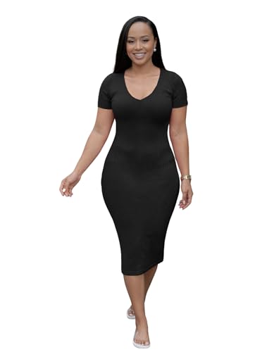 Image of TOPSRANI Women Sexy Midi Dress Bodycon Casual Sleeveless Basic Ruched Tank Summer Club Party Dresses