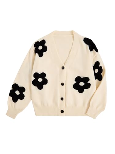 Image of GORGLITTER Women's Floral Button Down Knit Cardigan Sweaters Flower Long Sleeve V Neck Cardigans White Small