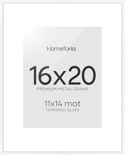 Image of Homeforia 16 x 20 Picture Frame White, High End Metal 11x14 Matted for 16x20 Frame, 16 x 20 White Poster Frame with Mat 11 x 14 inch Photo, 20x16 Thin Hanging Frame, Tempered Glass, Wall Kit, Set of 2