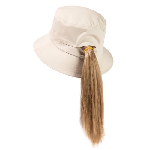 TOP-EX Ponytail Bucket Hats for Women Summer Beach UPF50+ Sun UV Protection Gifts Golf Hiking Fishing Packable Cotton Big Head Large L XL Beige