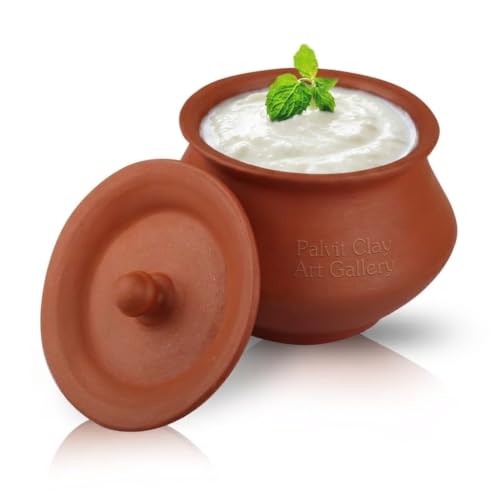 Image of Bhanvi 1000ml Earthen Clay Curd Pot with Lid Round Unglazed Terracotta Bowl for Making Curd Chach Lassi Dahi Kadai Handi Mitti Ke Bartan Serving Use in Oven Not for Cooking