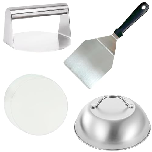 4Pcs Burger Press Kit with 15 Burger Smasher 12 Griddle Spatula 9 Cheese Melting Dome & 50 Wax Discs 430 Stainless Steel Smash Burger Press Kit Griddle Accessories Kit