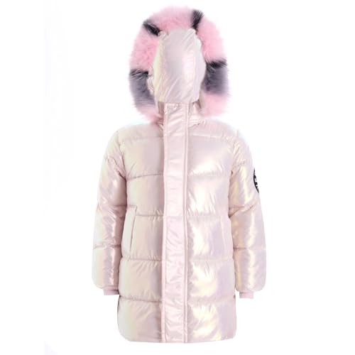 FEESHOW Kids Girls Thermal Jacket Coat Metallic Long Sleeve Hooded Stand Collar Detachable Fur Warmth Overcoat Outwear4