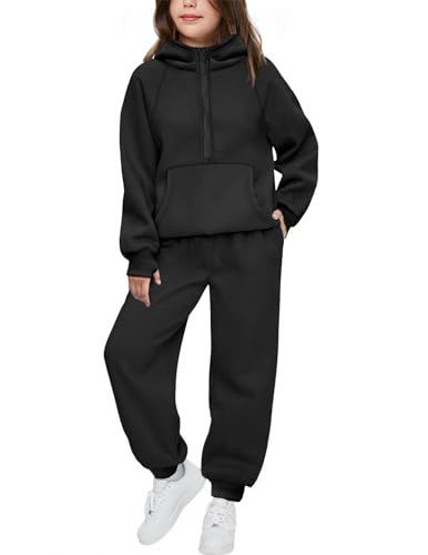Image of Arshiner Girls 2 Piece Outfits Sweatsuit Half Zip Sweatshirt and Sweatpants | Fall Winter, Drop Shoulder Long Sleeve, Thumbhole Hoodies, with Sweatpant, Jogger Set, Sweat Set, Tracksuits with Pockets