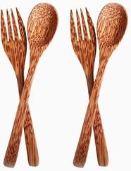 Image of Thenga Coconut Wood Spoon & Fork Set | 100% Natural & Handmade Wooden Cutlery | Eco-Friendly, Durable & Sustainable Dining Utensils for Meals, Salads, Soups & Desserts | Pack of 4 (2 Spoons + 2 Forks)