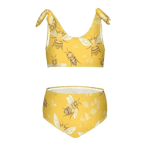 KLL Bees on Yellow Girls' 2 Piece Bikini Set Scoop Neck Swimsuit Swimwear Cute Shoulder Strap