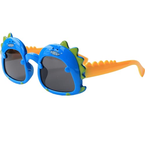 Dinosaur Cartoon Sunglasses for Kids Aged 2-6, Blue Yellow and dark Lenses,UV Protection Secure Fit for Outdoor