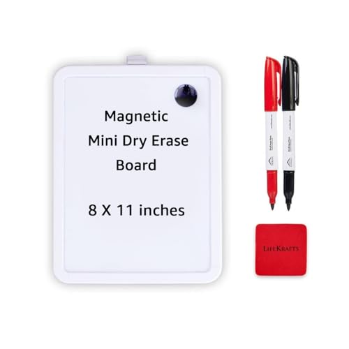 Image of LifeKrafts Magnetic Dry Erase White Board | 8x11 Inches | Mini Writing Board for Fridge & Wall |PVC Border Frame| Reusable Whiteboard with 2 Marker Pens & 1 Eraser | Home, School, Office, Kids&Adults
