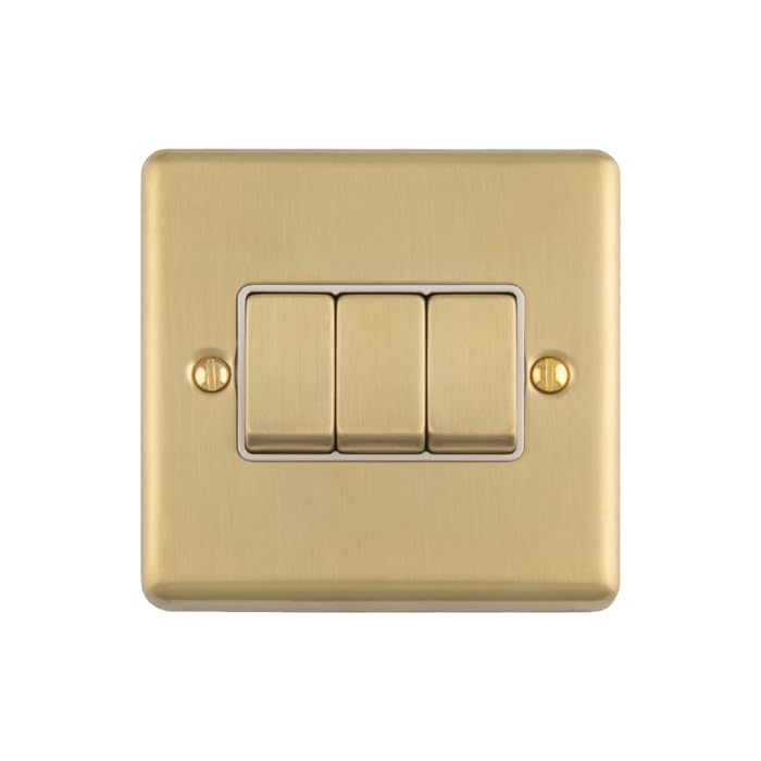 Kooples Hardware Enhance Decorative Light Switch 1 to 4 Gang Screwless Brushed Chrome with White Trim Wall Plate UK (Satin Brass, 3 Gang with White Trim)