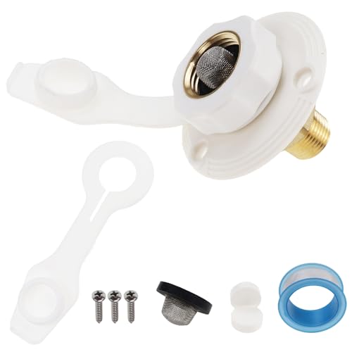 Image of RV City Water Inlet with Check Valve, Lead-free Brass 3 /4 NH Female to 1 /2 NPT Male Thread Fresh Water Inlet Flange Hose Connection Fitting for Camper Trailer Motorhome Caravan Marine (White)