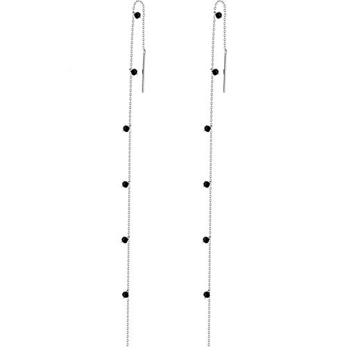 Thumby S925 Línea de Oreja de Plata Mujer Simple Sintético Negro Piedra Afilada Pendientes de Cadena de Oreja Larga Pendientes Joyería, Plata
