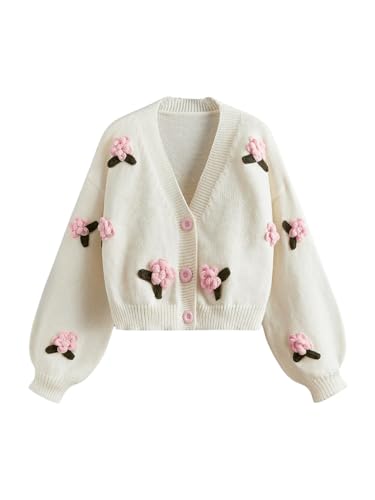 Image of GORGLITTER Women's Floral Button Down Cardigan Sweater Long Sleeve Drop Shoulder Knit Tops