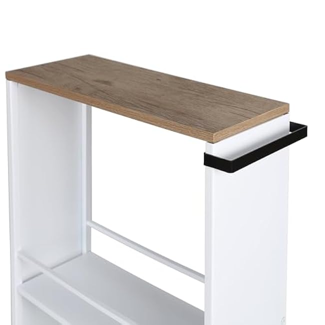 Slim Rolling Storage Cart with Handle, 19W x 6D x 32H inches, White Metal Frame, Wood Top-lwCCLmfe