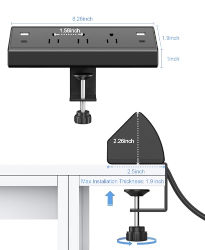 Desk Clamp Power Bar USB C 40W,2 PD 20W USB C,Desk Edge Mount Power Strip, 3 AC Outlets Surge Protector,Fit 1.96" Tabletop Edge,ETL Listed (Black, 4USB-40W) image 4