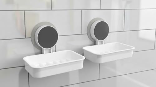 Image of Wall-Mounted Soap Holder with Waterproof Adhesive, Premium ABS Plastic, Removable Drain Tray, White (Pack of 2, Plastic Soap Dish Heavy)