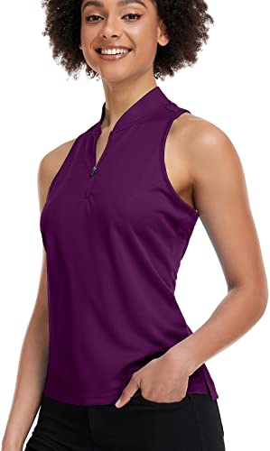 Women's Racerback Sleeveless Polo Shirt - Ladies Moisture Wicking Performance V-Neck Golf Shirts Quick Dry For Sport,Tennis,Racer Purple #TOP2