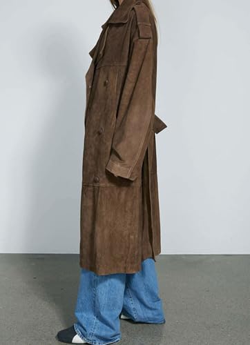 chouyatou Women's Faux Suede Leather Trench Coat Double Breasted Notch Collar Mid Long Overcoat with Belt3