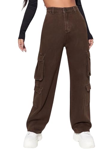 Image of GRECIILOOKS Cargo Jeans for Women - Wide Leg High Waist Baggy Denim Pants | Casual Fit Trousers with Utility Pocket Design