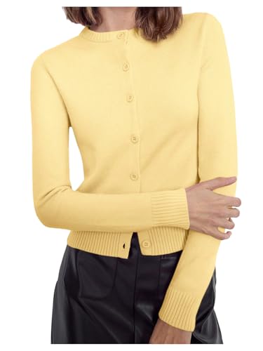 SHENHE Women's Crew Neck Button Down Ribbed Knit Soft Cropped Cardigan Sweater