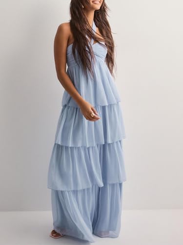 Image of Women Y2k Backless Long Dress Halter Tie Neck Maxi Dress Flowy Beach Sundress Summer Streetwear