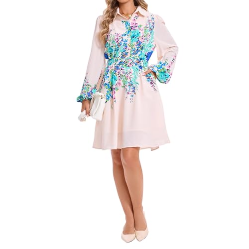 Image of Women Long Sleeve Spring Button Down A-Line Floral Print Summer Cocktail Shirt Dresses with Belt