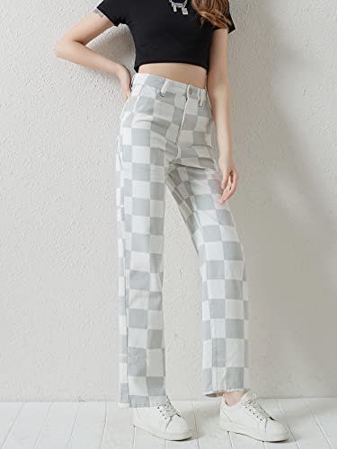 WDIRARA Girl's Checkered High Waisted Denim Pants Straight Leg Jeans4