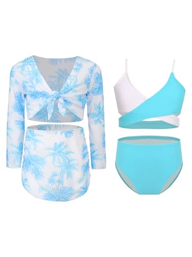 Eandarui Kids Girls 4Pcs Bikini Top and Briefs Swimsuit Swimwear with Chiffon Cover Up Top and Beach Skirt Blue 11-12 Years