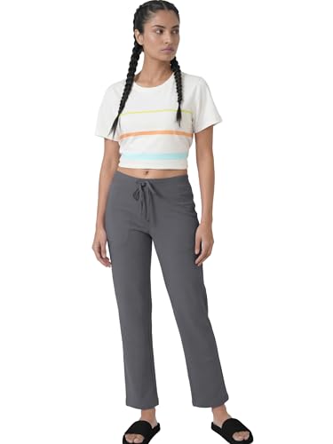 Image of Enamor Mid Rise Regular Length Drawstring Closure Lounge Pants for Women - Slim Fit, Soft and Breathable Stretch Cotton - E014