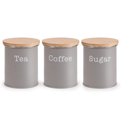 EHC Tea Sugar Coffee Canisters Set of 3, Stylish Airtight Storage Jars with Lids, Grey