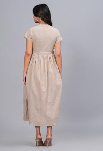 Image of Women's Cotton Striped Mandarin Collar Short Sleeves Dailywear Fit and Flared Midi Dress