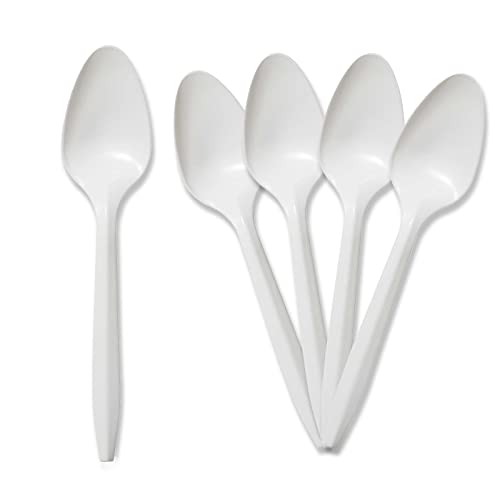 PAMI 400-Pack Medium Weight Disposable Plastic Teaspoons, Bulk Utensils for Parties, Weddings, Catering, Plastic Forks in Bulk Available (Teaspoons White)