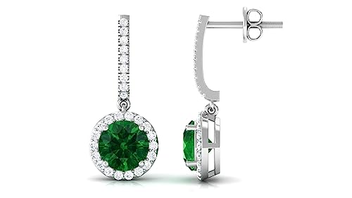 Vintage 1.91 Ct Certified Gemstone Moissanite Halo Earring, Antique Lab Created Emerald Drop Dangle Bridal Earring, J Shaped Half Hoop Wedding Earring, 14K White Gold #TOP1