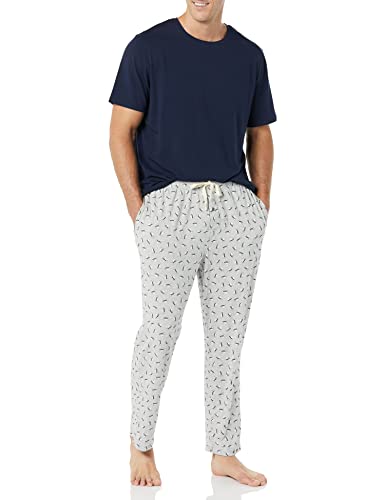 Amazon Essentials Men's Cotton Modal T-Shirt and Full-Length Bottom Loungewear Pajama Set, Grey Puffin, Small
