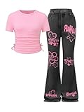 Verdusa Girl's 2 Piece Y2K Outfits Ruched T Shirt Tie Dye Flare Wide Leg Pants Legging with Pockets Coral Pink 12 Years
