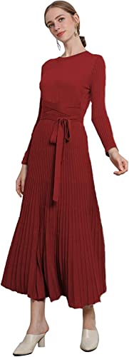 Image of Women's Long Sleeve Sweater Dress Ankle Length Fall Dress Vneck Knit Winter Dress