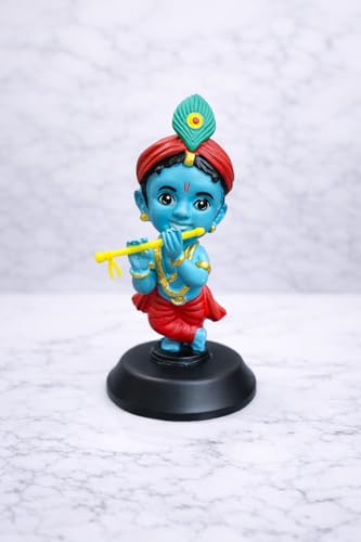 Image of Baby Krishna Blue Tone Car Dashboard Idol with Flute - Premium Hand-Painted Lord Krishna Murti for Car Dashboard, Home & Office Decor with Double-Sided Tape Base