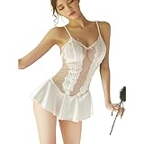 [Agnel x] セクシー ランジェリー スリップ スカート フリル シースルー レース 編み目 一体型 ドレープデザイン バックシャン サラサラ質感 ブラック ホワイト X079 (ホワイト, M)