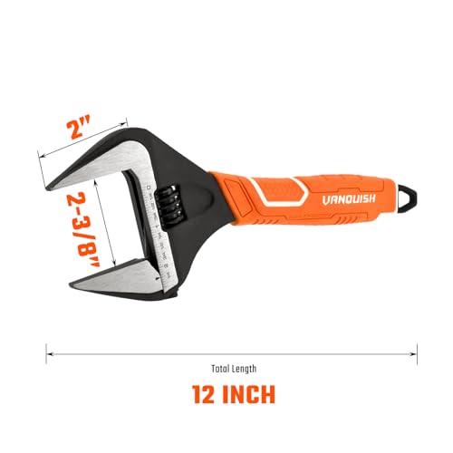 Vanquish 12 Inch Adjustable Wrench, 2-3/8” Wide Jaw Opening Plumbing Wrench, CR-V Steel, SAE and Metric Scale Marked - Image 2