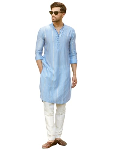 Image of See Designs Men Full Sleeve Chanderi Silk Sequins Mandarin Collar Side Slit Kurta With Pyjama